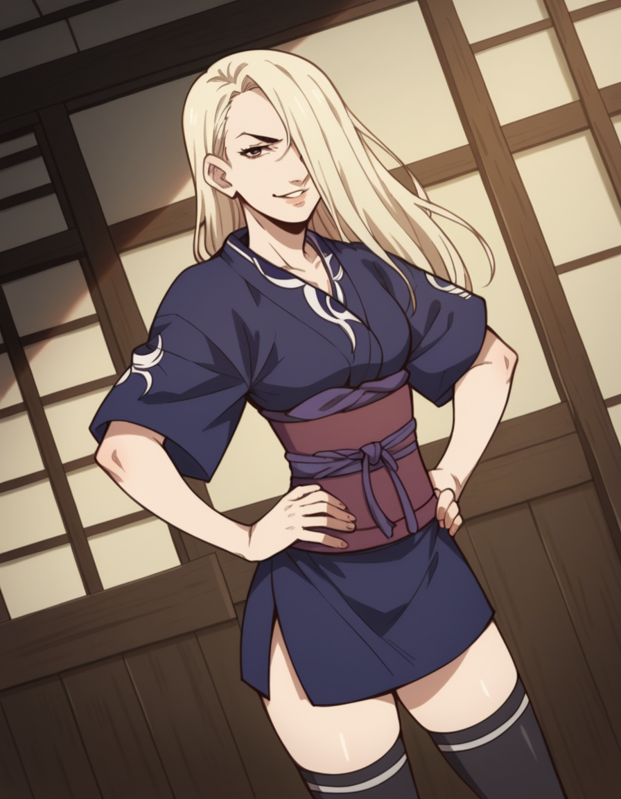 score_9, score_8_up, score_7_up, source_anime, <lora:hyakurin-s1-ponyxl-lora-nochekaiser:1>, hyakurin, long hair, blonde hair, hair over one eye, brown eyes, lips,, thighhighs, japanese clothes, black thighhighs, kimono, sash, indoors, smug, smile, looking at viewer, solo, hands on hips,, cowboy shot, dutch angle