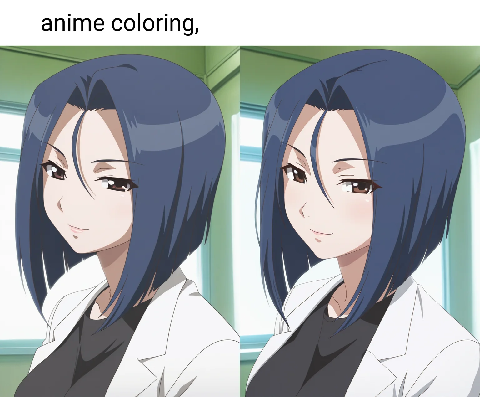 masterpiece, best quality, amazing quality, 1girl, solo, anime coloring, (portrait:1.2), renww, brown eyes, blue hair, medium hair , parted bangs, forehead, medium breasts, lab coat, black shirt, looking at viewer, seductive smile, indoors, day, skindentation, detailed clothing folds, depth of field, sharp, high contrast, dynamic light <lora:Seto_Ren_Seto_no_Hanayome_ill_v10:0.9>