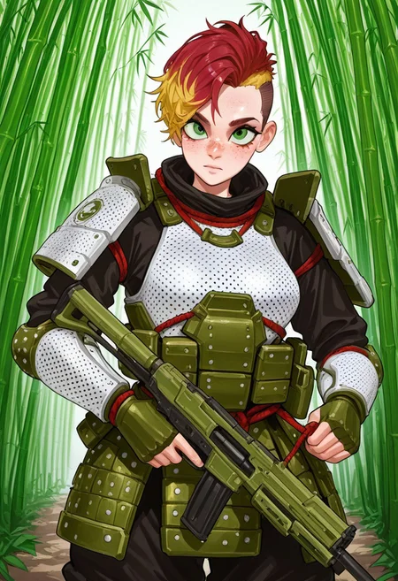 Pst,
1girl, solo, short hair,red hair, blonde hair, undercut,multicolored hair, frilled white armor, polka dot armor, green eyes, big eyes:1.2, freckles:2.0,
medium breasts,atlethic body,
spec ops, commando armor, gun, leather armor, dark clothed armor ,epic colors, ropes,
bamboo forest,bamboos, green bambo leaves,
,solo