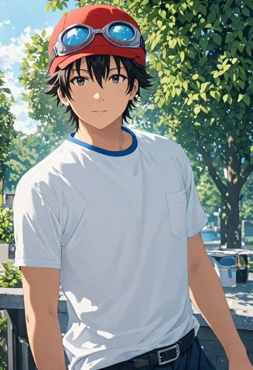 (4k), extremely detailed, hyper detailed, high resolution, professional photography, best quality, candid photo, 1boy, solo, male focus, easynegative, Yuusuke Fujisaki, Red Hat, Black Hair, white blue collar t-shirt inside a white shirt with the top collar open, outdoor, looking at viewer, candid photo, goggles