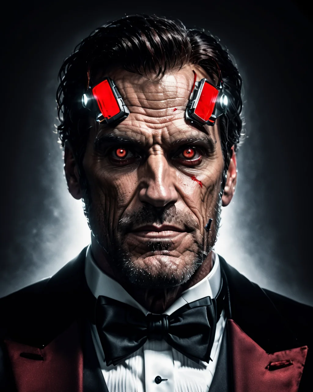 best quality,masterpiece,realistic,raw photo,8k,detailed,skindentation,cinematic shot,portrait of a cybermutant man wearing a tuxedo,glowing red eyes,upper body,portrait,<lora:Fleshmutant:0.8>