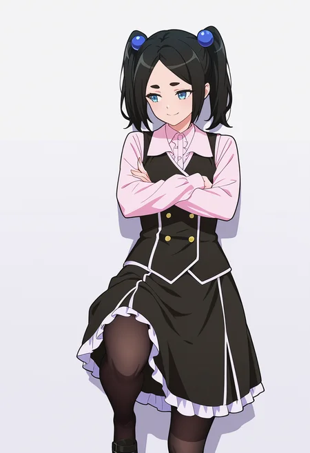 Smooth Quality,masterpiece,very intricate, high quality details, ultra realistic, high detailed skin,detailed enviorement,absurdres,
middle finger,
<lora:Dannar_Toxico_CNR:0.7> toxico_cnr, 1girl,black hair, twintails, blue eyes, thick eyebrows,
toxico_black_cnr, 1girl,light pink shirt, long sleeves,collared shirt, black vest, black skirt, frilled skirt, frilled dress, sleeveless dress, black pantyhose,buttons, center frills, hair bobbles,, simple background, white background, front view,
leaning against wall, one foot up, arms crossed, looking away,,, sad smile,