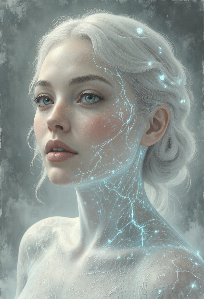 A very tight, 3/4 head-and-shoulders portrait of a woman with luminous, nearly translucent pale skin resembling smooth frosted glass. Her skin gently glows, illuminated softly from within. Beneath her skin, clearly visible, is a network of delicate bioluminescent veins emitting a soft, pale blue-white glow, starting at her forehead then tracing downward from her temples and cheeks then down along her neck and throat.  Her wide-open eyes are distinctly muted, icy-blue in color, clearly defined yet softly luminous. Her facial featuresâeyebrows, cheekbones, temples, and jawlineâare subtly defined by gentle shadows and delicate highlights, creating an ethereal, porcelain-like appearance. Her thick, full platinum-white hair, which is loosely gathered on top of her head and then falls softly around her face, adding delicate strands of clearly defined texture.  Her full lips, nearly matching the pale tone of her luminous skin, are gently parted, subtly highlighted and defined by soft shadows. Her expression, filled wih wonder. The background is a smooth, seamless gradient of cold silver, pale gray, and misty white, with no defined edges or recognizable shapes. The scene's lighting is soft, even, and diffused, enhancing the delicate glow of her skin and internal luminescence, maintaining a gentle, ethereal aesthetic without harsh shadows or strong contrasts. <lora:Mezzotint_Artstyle_for_Flux_-_by_Ethanar:0.5500000000000002> <lora:SkoolDaze_Portrait_Style-000014:0.5500000000000002> <lora:illustration20FLUX20.XsbF:0.3500000000000001> <lora:cpa.LgFo:0.3500000000000001>