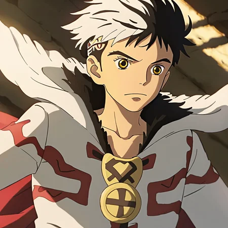 One Piece,gorgeous light and shadow,full body,((best quality)),((single_human_boy)),((extremely_detailed_eyes_and_face)),white fur, yellow eyes, tribal markings, adorned with jewelry, medallions, white robes, braids, red sash, detailed fur texture,<lora:èé¹ä¸å°å¹´:0.85> <lora:cute_head:0.3>