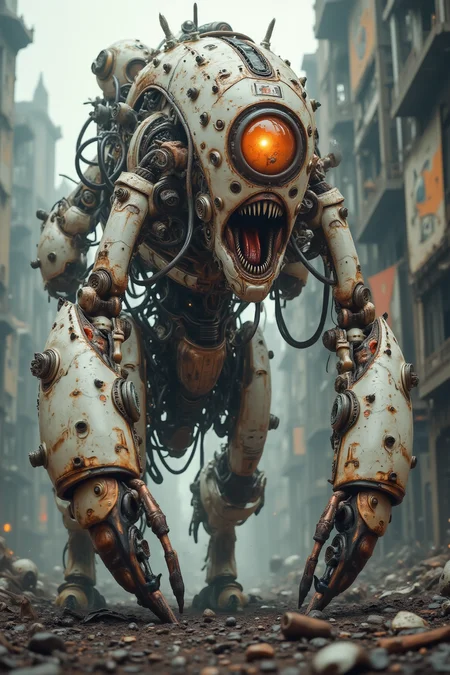 YFG-Sm0rg, YFG-Zaat, A grotesque mutant lumbers through the desolate ruins of a post-apocalyptic wasteland, its flesh fused with rusted metal and bone. Its elongated limbs twitch unnaturally, and its face is an amalgamation of human and beast, twisted in a permanent scream. A single, pulsating eye glows in the center of its forehead, scanning for prey in the eerie silence of a fallen world. Torn banners and skeletal remains litter the streets, whispering tales of civilization's collapse.