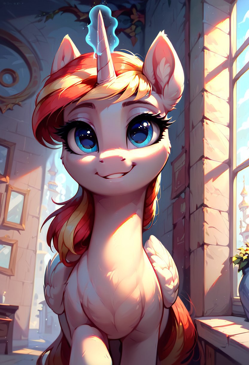 masterpiece, score_9, score_8_up, score_7_up, (best quality:1.1), ultra-detailed, high resolution, 1 girl, solo, pony, alicorn, highly detailed macro illustration, mlp, g4, Lauren Faust smiling, Lauren Faust, feral, female, mare, cute, long eyelashes, red mane, magic horn, (indoors), (((beautiful detailed blue eyes))), Long eyelashes, fluffy, ear fluff, long eyelashes, (cornering), taking cover, spying, marble wall, Highly Visible, (((8k))), sharp focus, perfect lighting, anatomically correct, extremely detailed, shine on body, (Canterlot Interior), high detail, cute face, Expressiveh, detailed background, OverallDetail, zPDXL2, <lora:Corneringv1:0.8>