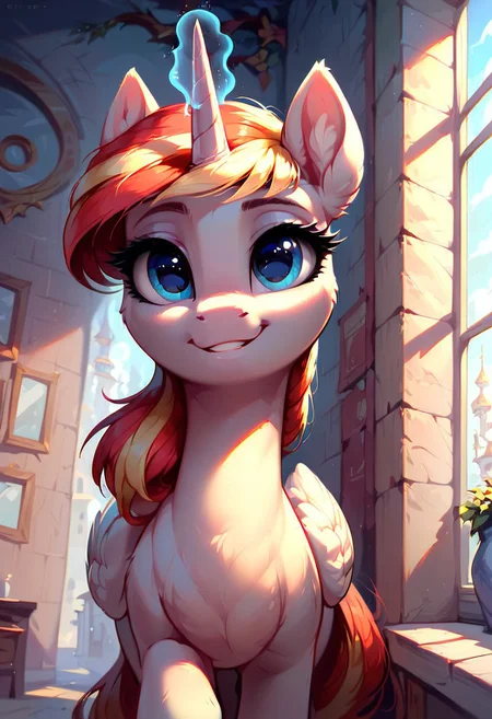 masterpiece, score_9, score_8_up, score_7_up, (best quality:1.1), ultra-detailed, high resolution, 1 girl, solo, pony, alicorn, highly detailed macro illustration, mlp, g4, Lauren Faust smiling, Lauren Faust, feral, female, mare, cute, long eyelashes, red mane, magic horn, (indoors), (((beautiful detailed blue eyes))), Long eyelashes, fluffy, ear fluff, long eyelashes, (cornering), taking cover, spying, marble wall, Highly Visible, (((8k))), sharp focus, perfect lighting, anatomically correct, extremely detailed, shine on body, (Canterlot Interior), high detail, cute face, Expressiveh, detailed background, OverallDetail, zPDXL2, <lora:Corneringv1:0.8>