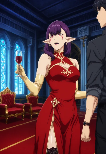 source anime,anime screencap,anime coloring,intricate details,fake screenshot,masterpiece, best quality, very aesthetic, dramatic lighting, illustration,
uncensored,
BREAK,
esil radiru, esil, pointy ears, 1girl, purple hair,jewelry, earrings,facial mark, fangs, long hair, ear piercing, red eyes, bangs, piercing, facial tattoo, elf, medium breasts,facial tattoo,mature female,
toned, skindentation,
golden and red dress, thighhighs, lace trim,golden and red elbow gloves, bare shoulders, cleavage cutout,
sweat,
perfect face, beautiful eyes, beautiful face,perfect anatomy,
BREAK,
1boy, sung jin-woo,black hair,short hair, blue eyes, toned male,
wristwatch, black belt, sleeves rolled up, collared shirt, black shirt, black pants,
BREAK,
dancing, couple, looking at another, smile, holding wine glass, waltz_(dance), crowded, festival,
BREAK,
solo leveling,
sidelighting, beautiful background,
Detailed Background, scenery, indoors, throne room, royal palace, luxurious, grand architecture, fantasy, gold trim, marble pillars, red carpet, velvet drapes, high ceiling, chandeliers, ornate decorations, opulent, majestic, stained glass windows, royal insignia, decorative banners,
<lora:Esil_by_Nyx_for_Illu:0.8>, <lora:saimin_seishidou_by_Nyx_for_Illu:0.7>,<lora:Smooth Booster detail:0.7>, <lora:modern_anime_screencap_v1_0:1>,