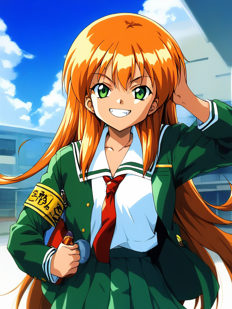 score_9, score_8_up, score_7_up, source_anime, rating_explicit, BREAK  <lora:Akai_Homura_XL:1> Akai_Homura, very long hair, green eyes, orange hair,
1girl, solo, smile, necktie, grin, armband, school uniform, looking at viewer, holding, shirt, jacket, 
day, sky,