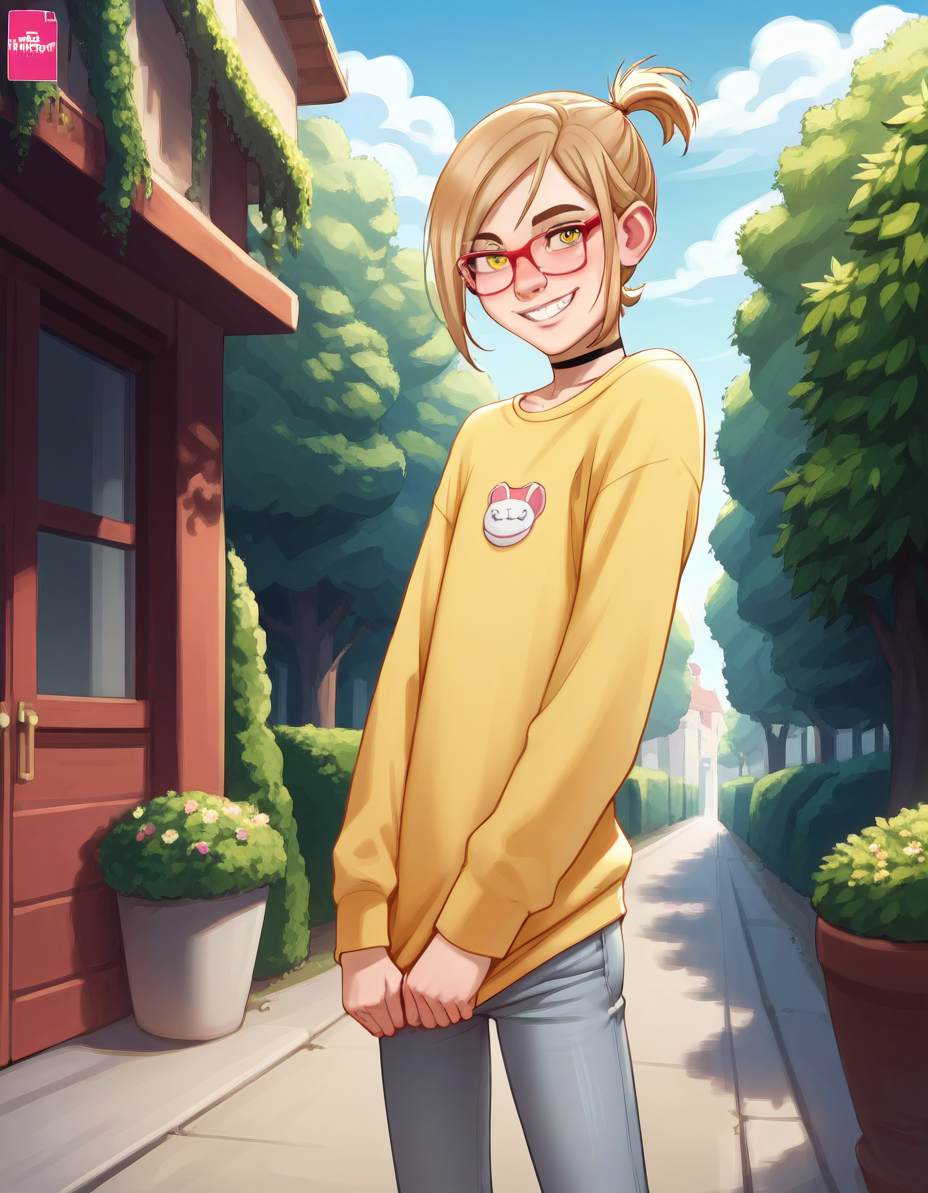 score_9, score_8_up, score_7_up, rating_sensitive, uncensored, source_hentai, source_anime, rating_explicit, (embedding:zPDXL:1), Perfect Hands BREAK darcy, 1girl, red-framed eyewear, short hair, teeth,solo, uncensored, yellow eyes, blonde hair, smile, looking at viewer,short ponytail choker,sweater,jeans,standing,ponytail, shorts, outdoors,