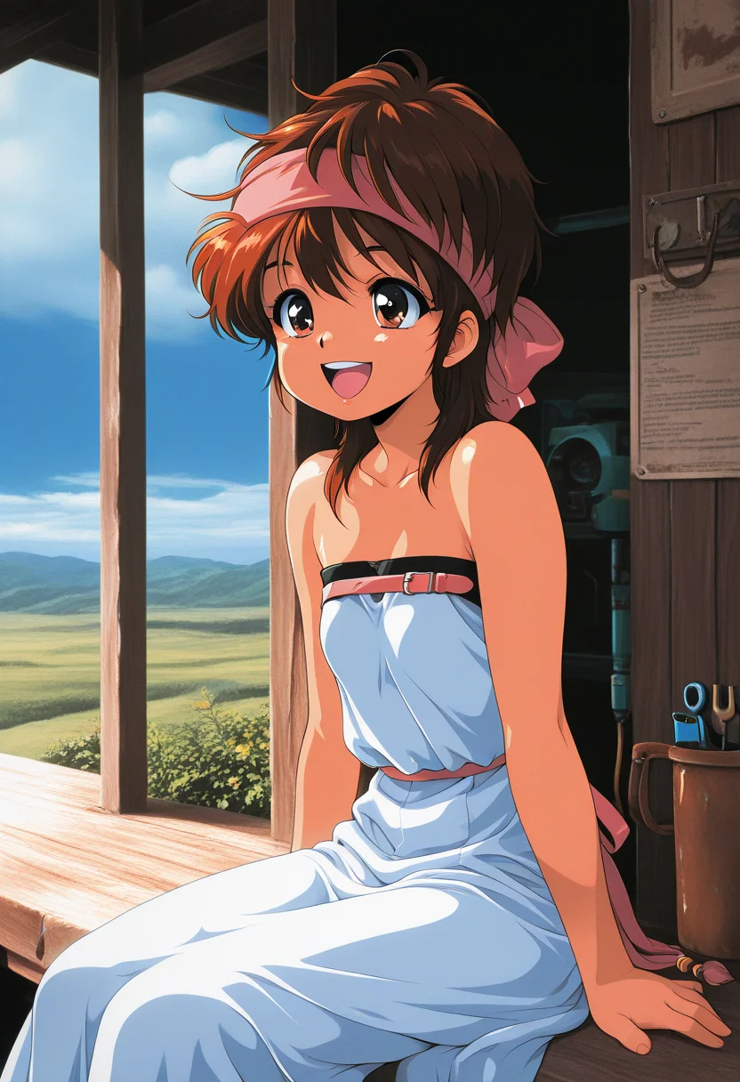 masterpiece, best_quality, amazing_quality, 1girl, solo,momokochar, short_hair, retro spaceship repair shop with futuristic tools and technology in a cosmic setting, sitting, happy, sundress,