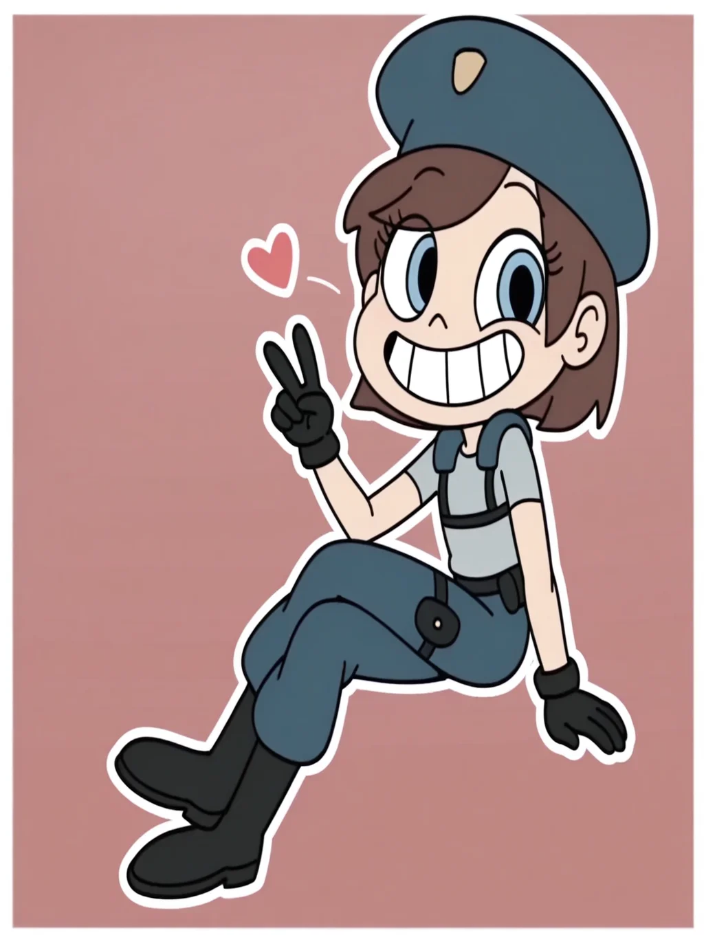 SvtfoeJill,1girl,solo, happy, teeth, blue eyes,brown hair,gloves,hat,blue headwear,uniform,boots,black gloves,pants,police uniform,black footwear,shirt,cute, sitting, crossed legs, open mouth, :d, grin, looking at viewer, heart, petite, v, winking,((Pink background , White frame, white outline))