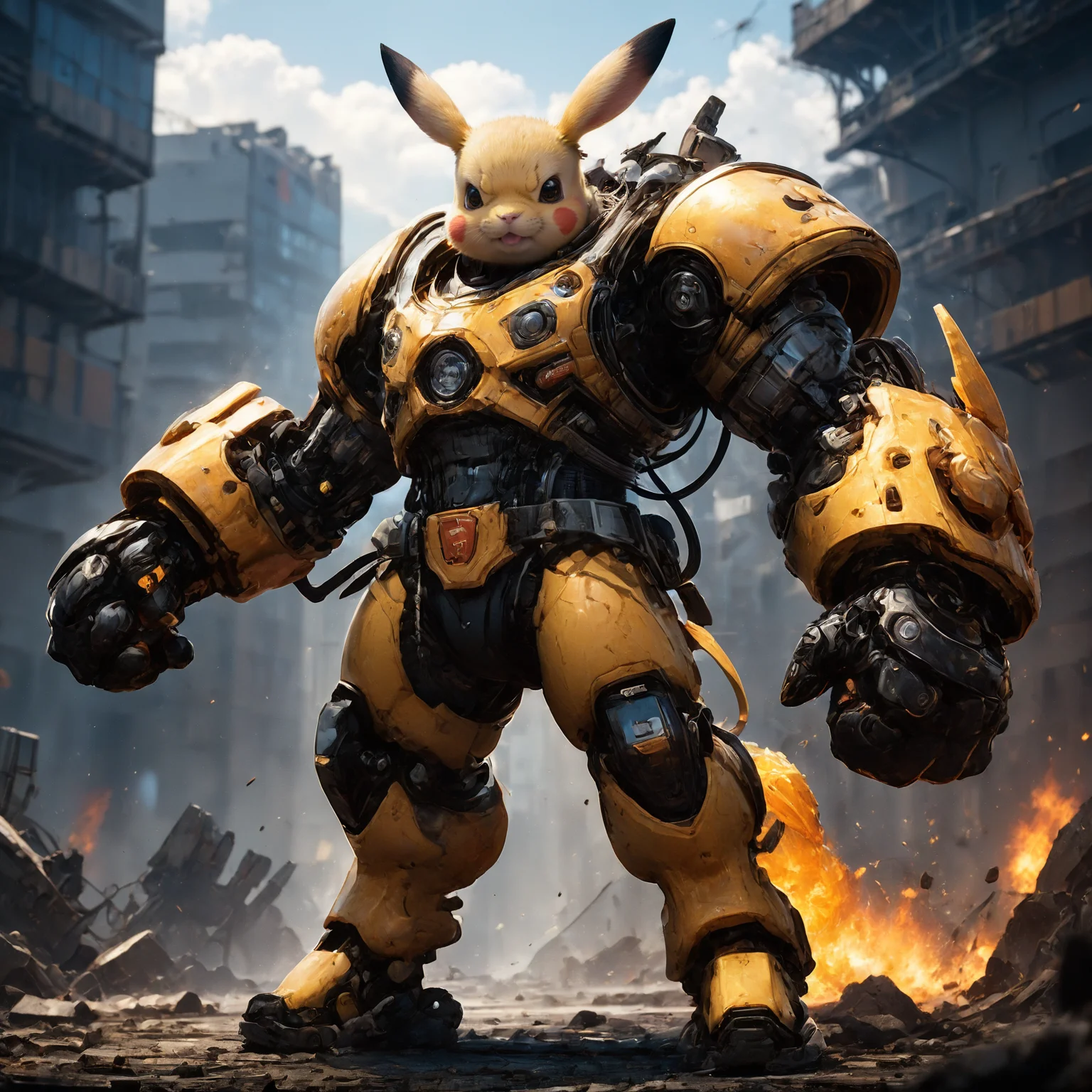 amazing quality, masterpiece, best quality, hyper detailed, ultra detailed, UHD, HDR, DOF, depth of field, perfect anatomy, sci-fi,
(Picachu:1.1), (yellow hybrid orange) giant mechanical arms, fighting stance, fist, hand up, angry,
glowing, shine, dazzling, war, explosion in background, flame in background, outstretched arm, outstretched hand,
<lora:cfc-giant-mechanical-arms:0.8>,
<lora:add-detail-xl:0.75>,
<lora:EnvyBetterHiresFixXL01:1.0>,
<lora:extremely_detailed:1.0>, extremely detailed,