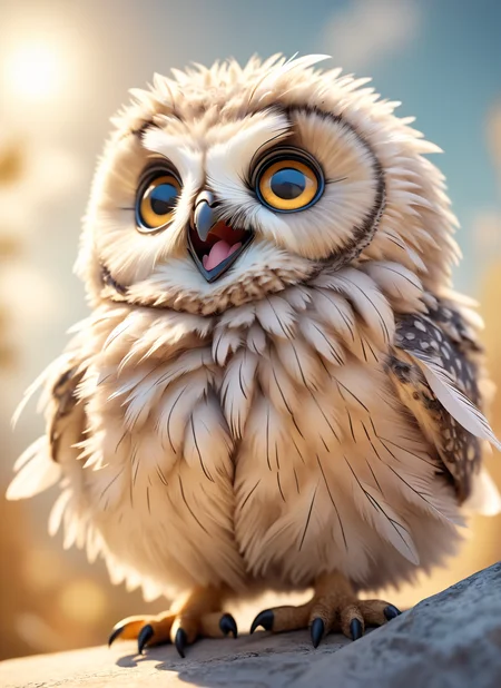 long shot scenic professional photograph of a cute fluffy owl chick with big bright eyes, centered composition with soft white feathers and a playful expression. A light pastel background with gentle curves enhances the scene. A detailed 3D rendering capturing warm lighting, soft shadows, and fuzzy texture, perfect viewpoint, highly detailed, wide-angle lens, hyper realistic, with dramatic sky, polarizing filter, natural lighting, vivid colors, everything in sharp focus, HDR, UHD, 64K