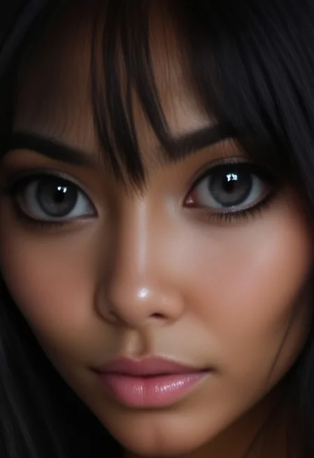An extreme photorealistic upper body shot of a cat girl with mesmerizing golden eyes and slit pupils. She has long, flowing two-tone hair, white and black,  with striking, unrealistic beauty. Her pink lips curve slightly to reveal sharp fangs, and her long fingernails are a key feature of her sleek cat suit.Include tiny imperfections like pores, faint freckles, and slight skin texture variations to add realism.Realistic lip texture with soft lines, slight gloss, and natural color variation.Realistically detailed tear ducts, slightly moist, enhancing the natural appearance of the eyes.Faint, barely visible veins under the eyes, adding depth and authenticity to the skin.Individually rendered eyebrow hairs with natural variation in direction, length, and thickness.Variation in hair strand thickness, with some thinner and finer than others.Detailed texture on the cat suit, showing the weave or material pattern, such as leather, spandex, or velvet.Shadows that move with the character, responding to her position and the light source accurately, 34 YEARS OLD, wrinkles,  cat girl, close-up,crystal, eye focus, gem,sparkle, YELLOW EYES, CAT EYES, denise, catgirl, Gothic castle, lively, luminescent, Majestic castle, big eyes.