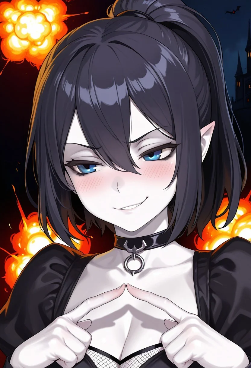 AMAZING QUALITY, MASTERPIECE, PORTRAIT, 1GIRL, ROZE, PALE SKIN, BLACK HAIR, BLUE EYES, PONYTAIL, POINTY EARS, GOTH, CHOKER, FISHNETS, BLACK DRESS, HUGE TITS, CLEAVAGE, UWU, SMIRK, INDEX FINGERS TOGETHER, BLUSH, DARK NIGHT, (FIRE EXPLOSIONS)