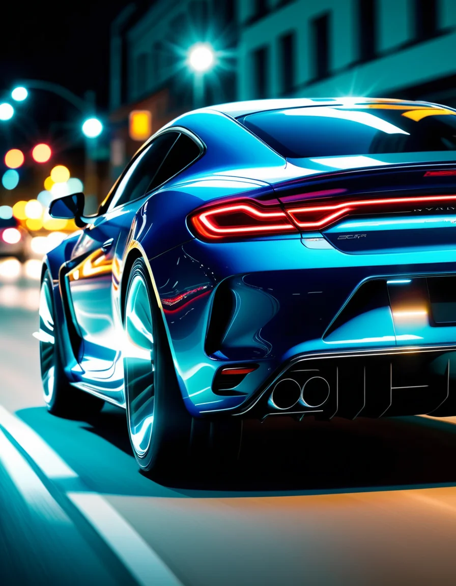 a fast car, closeup shot from the back, driving down the street with long exposure lights <lora:ral-vbrntacyl-sdxl:0.85> made of ral-vbrntacyl