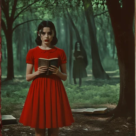 <lora:SurrealHorrorMovieSDXL:1> Surreal Retro Horror movie Still, The image shows a woman in a red dress standing in front of a backdrop of trees holding a book in her hands., 1girl, solo, dress, holding, black hair, short sleeves, dark, long hair, standing, blood