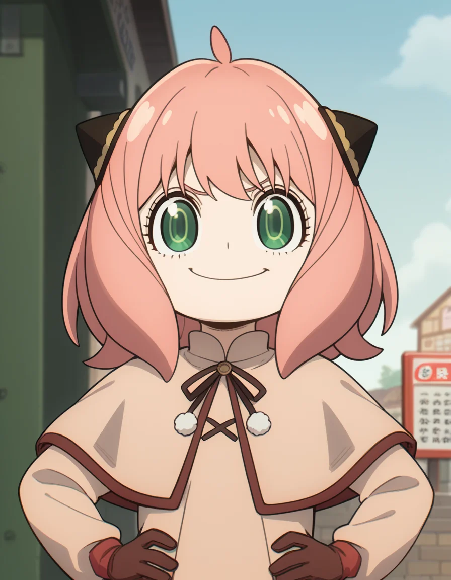 score_9, score_8_up, score_7_up, source_anime, <lora:anya-forger-movie-ponyxl-lora-nochekaiser:1>, anya forger, anya (spy x family), bangs, green eyes, pink hair, ahoge, child, female child, hairpods,, gloves, long sleeves, ribbon, brown gloves, capelet, robe,, bus stop, waiting, commuter, smartphone, checking time, cold morning, , , smug, hands on hips,, solo,, cowboy shot, dutch angle,