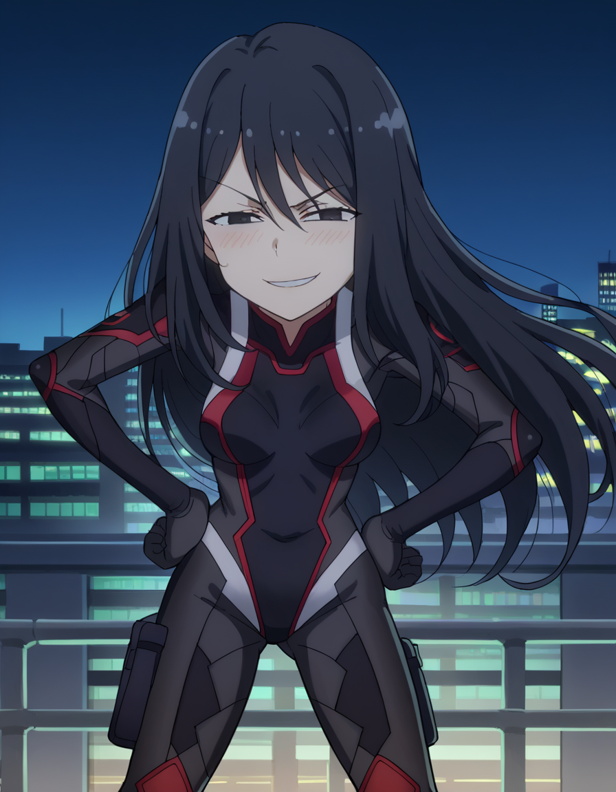 score_9, score_8_up, score_7_up, source_anime, <lora:shutaura-sequenzia-movie-ponyxl-lora-nochekaiser:1>, shutaura sequenzia, long hair, black hair, black eyes, hair between eyes, anime screencap,, bodysuit, black bodysuit, pilot suit, city skyline, rooftop view, night time, city lights, quiet reflection, , <lora:anyas-heh-face-ponyxl-lora-nochekaiser:1> anyas heh face, anya's heh face (meme), smile, smug,, blush, leaning forward, bent over, hands on own hips, cowboy shot, looking at viewer, solo,, dutch angle, cowboy shot