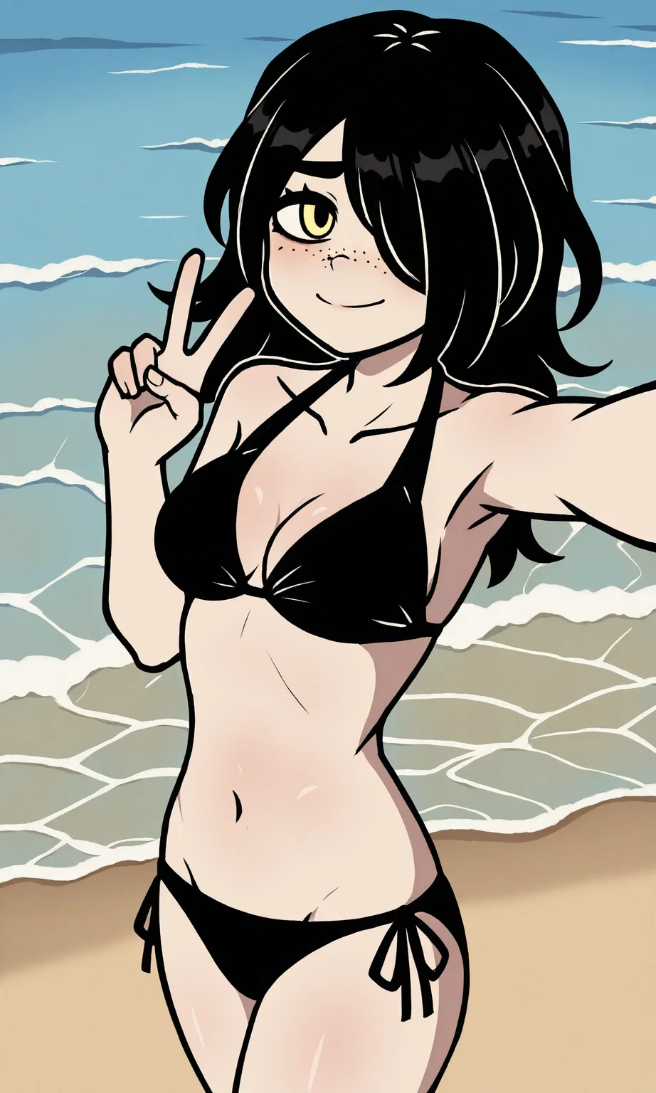 masterpiece, best quality, high resolution, absurdres, 1girl, juliathecof, yellow_eyes, black_hair, medium_hair, hair_over_one_eye, freckles, medium_breasts, bikini, outdoors, beach, looking_at_viewer, smile, day, water, selfie, outstretched_arm, happy,