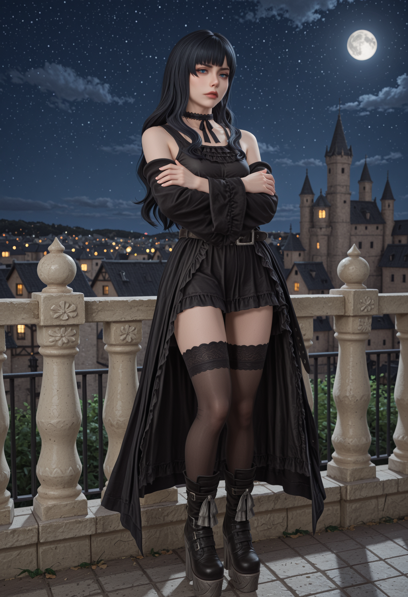 masterpiece, very awa, best quality, amazing quality, very aesthetic, absurdres, newest, intricate details, <lora:cfg_scale_boost:.3>, <lora:Gaia_XIV:1> gaia_xiv, blue eyes, lips, black hair, black dress, boots, choker, belt, black thighhighs, bare shoulders, off shoulder, detached sleeves, platform footwear,against railing, leaning on object, full body, 1girl, night sky, full moon, looking down, standing, looking at viewer, glaring, crossed arms, disgust, castle, balcony, gaia_xiv, blue eyes, lips, black hair, black dress, boots, choker, belt, black thighhighs, bare shoulders, off shoulder, detached sleeves, platform footwear, feet apart, looking to the side, rural, medieval cityscape,