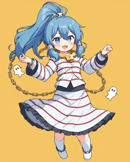 miyadeguchi mizuchi,ghost_tail, striped_shirt, 1girl, skull_hair_ornament, chain, solo, open_mouth, long_sleeves, striped_skirt, ponytail, sleeves_past_fingers, sidelocks, hair_tubes, looking_at_viewer, ghost, cuffs, :d, full_body, blush, teeth, simple_background, yellow_background
<lora:miyadeguchi_mizuchi_image85_2023-12-20-000056:1>,star-shaped_pupils,symbol-shaped_pupils,. gorgeous,key visual, vibrant, studio anime,award-winning, professional, highly detailed,high budget, cinemascope