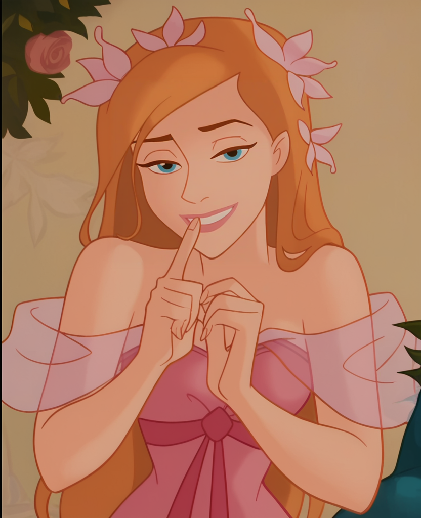 score_9, score_8_up, score_7_up, score_6_up, score_5_up, score_4_up,  screencap,  <lora:Giselle_Enchanted-000007:0.9> , giselle1, 1girl, solo, long hair, blue eyes, dress, orange hair, see-through,  pink dress, hair ornament, off shoulder, hand_on_mouth, portrait, looking at viewer, biting own finger, half-closed eyes, light smile,