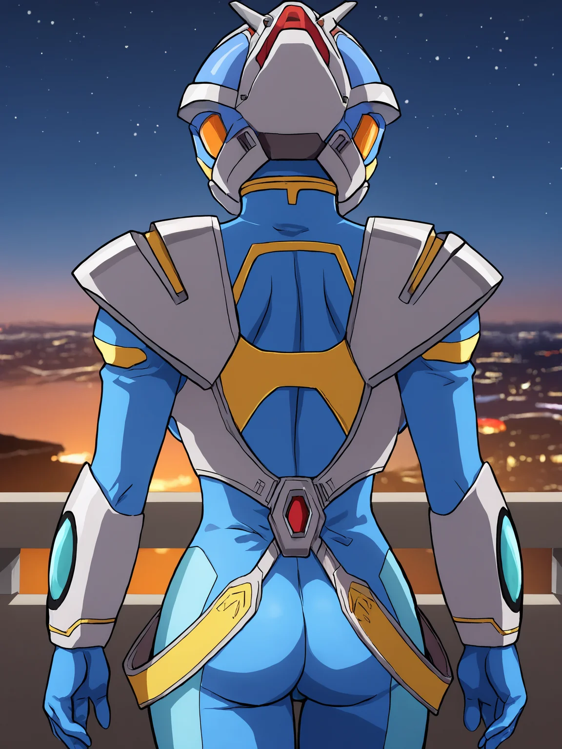 score_9, score_8_up, score_7_up, <lora:offset_0.2:0.1>, <lora:spo_sdxl_10ep_4k-data_lora_webui:1>, BREAK,
1girl, solo, BREAK,
srwbluepilotsuit, blue bodysuit, pauldrons, wrist guards, metal belt, grey armor, helmet, wearing helmet, <lora:Pilot_suit__Super_Robot_Wars:1>, BREAK,
facing away, standing, cowboy shot, from behind, ass, BREAK,
outdoors, city, (skyline:1.2), starry sky, night