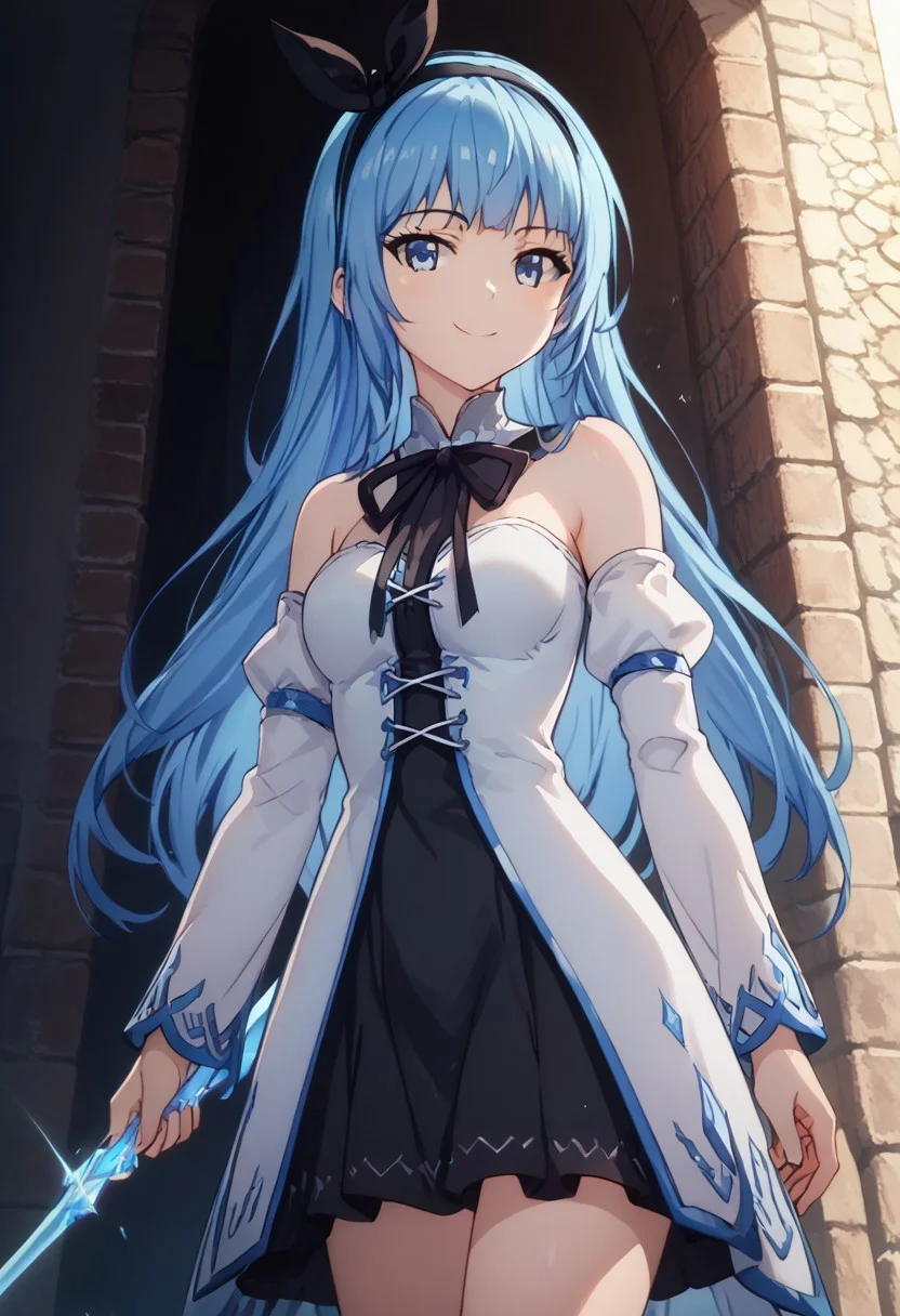 score_9,score_8_up,score_7_up, ASCII Masterpiece, 5fingers, anime screencap, 1girl, solo, Expressiveh, 1girl, Arch Mage, Main Dress, Long Blue Hair, Black Bunny Ears Headband, standing, dutch angle, cowboy shot, smiling