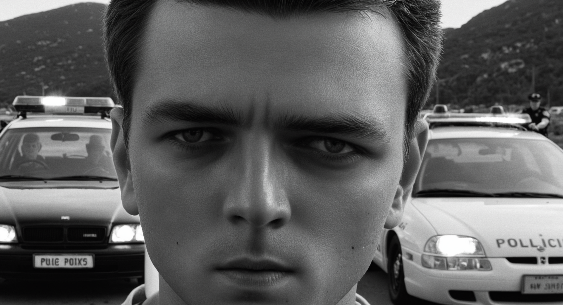 cinematic film still of  <lora:Split Diopter style:1>
Split image focus of a closeup of a man in a car in front of camera looking at a police car in background,Split Diopter style,1boy,monochrome,greyscale,male focus,parted lips,ground vehicle,motor vehicle,car,nearsighted,farsighted,split,split focus,focus,sharp focus,deep focus,Split focus,split screen , artistic, Kodak, dramatic light, dramatic shadow light, contrast, saturated color, cinematic, filmic, motion picture, realistic, realism, perfection, perfect, deep focus, clean image, wide screen, detailed image, cinematic, deep space composition, shallow depth of field, vignette, highly detailed, high budget, bokeh, cinemascope, moody, epic, gorgeous, film grain, grainy