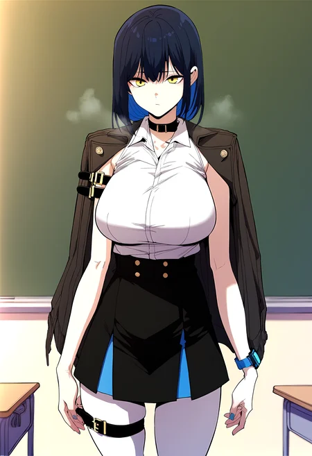 score_9, score_8_up, score_7_up, score_6_up, source_anime, rating_explicit, <lora:neg4all_bdsqlsz_V3.5:2.0>1girl, (solo:1.1), huge breasts, <lora:Bang Yerimponyxl:1> low ponytail, dice hair ornament, blue hair, black hair, yellow eyes, multicolored hair, short hair, blue nails, jacket on shoulders, black jacket, black choker, collar, white shirt, sleeveless shirt, collared shirt, wristwatch, belt, high-waist skirt, black skirt, white pantyhose, thigh strap, expressionless, Narrow shoulders, heavy breathing, steaming body, classroom, indoors, looking at viewer, blackboard, standing