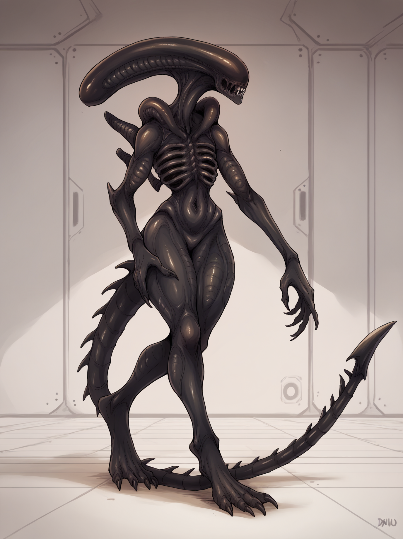 score_9, score_8_up, score_7_up, score_6_up, score_5_up, score_4_up, source_furry, [bfix|qkzf], alien, xenomorph, black body, black skin, feet, nightmare fuel, solo, spiked tail, spikes, spikes \(anatomy\), tail, female, darkness, inside, space station, spacecraft, looking at viewer, hands on wrists, standing, stalking, walking, motion lines, emanata, claws
 <lora:xenomorph_pdxl:1>