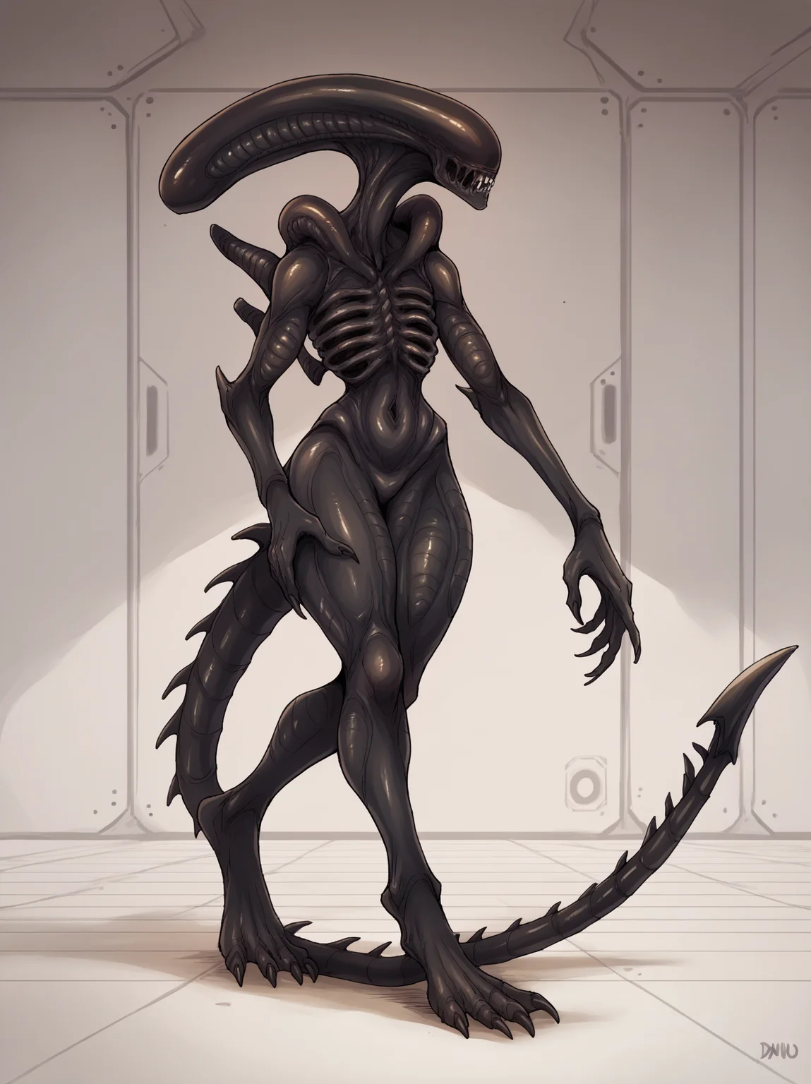 score_9, score_8_up, score_7_up, score_6_up, score_5_up, score_4_up, source_furry, [bfix|qkzf], alien, xenomorph, black body, black skin, feet, nightmare fuel, solo, spiked tail, spikes, spikes \(anatomy\), tail, female, darkness, inside, space station, spacecraft, looking at viewer, hands on wrists, standing, stalking, walking, motion lines, emanata, claws
 <lora:xenomorph_pdxl:1>