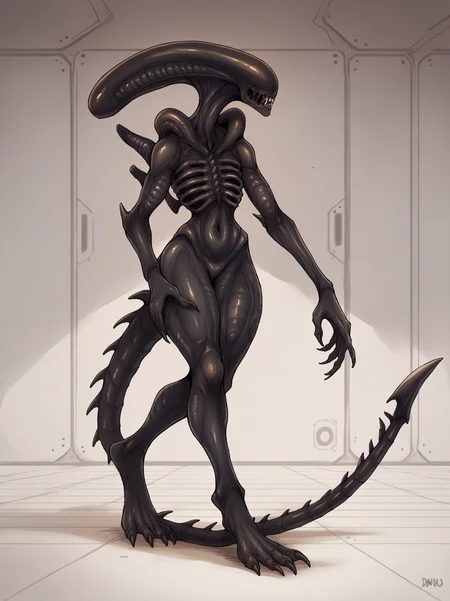 score_9, score_8_up, score_7_up, score_6_up, score_5_up, score_4_up, source_furry, [bfix|qkzf], alien, xenomorph, black body, black skin, feet, nightmare fuel, solo, spiked tail, spikes, spikes \(anatomy\), tail, female, darkness, inside, space station, spacecraft, looking at viewer, hands on wrists, standing, stalking, walking, motion lines, emanata, claws
 <lora:xenomorph_pdxl:1>
