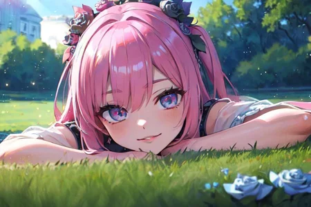 (masterpiece:1.4), 4K8K, (anime style), (high shutterspeed:1.4), (sharp edges),
SyFyEye1, FanFo,
1woman hands togather, leaning foward, face focus, smile, closed mouth,
wearing Celtic style dress, (Detailed face, Detailed eyes, Detailed lips), (solo),
pink hair, any colored roses, Fantastic, grass firld, river-side,