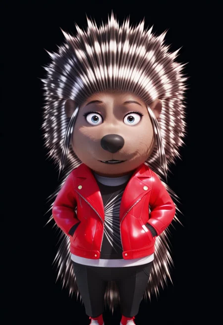 solo, ashporcupine, standing, looking at viewer, red jacket, black pants, blank background