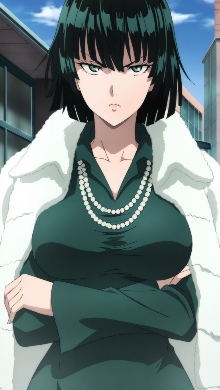 source_anime, masterpiece, best quality, amazing quality, anime screencap, high quality, 8k, absurdres, official style, 1girl, solo, looking at viewer, upper body, arms crossed, annoyed, <lora:Fubuki_iL:0.8>, fu8uk1, green eyes, black hair, short hair, bangs, green dress outfit, dress, green dress, breasts, large breasts, jewelry, necklace, coat, jacket on shoulders, fur coat, long sleeves,