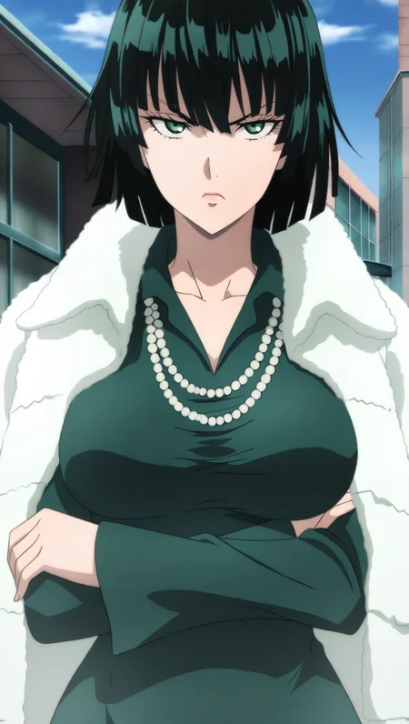 source_anime, masterpiece, best quality, amazing quality, anime screencap, high quality, 8k, absurdres, official style, 1girl, solo, looking at viewer, upper body, arms crossed, annoyed, <lora:Fubuki_iL:0.8>, fu8uk1, green eyes, black hair, short hair, bangs, green dress outfit, dress, green dress, breasts, large breasts, jewelry, necklace, coat, jacket on shoulders, fur coat, long sleeves,