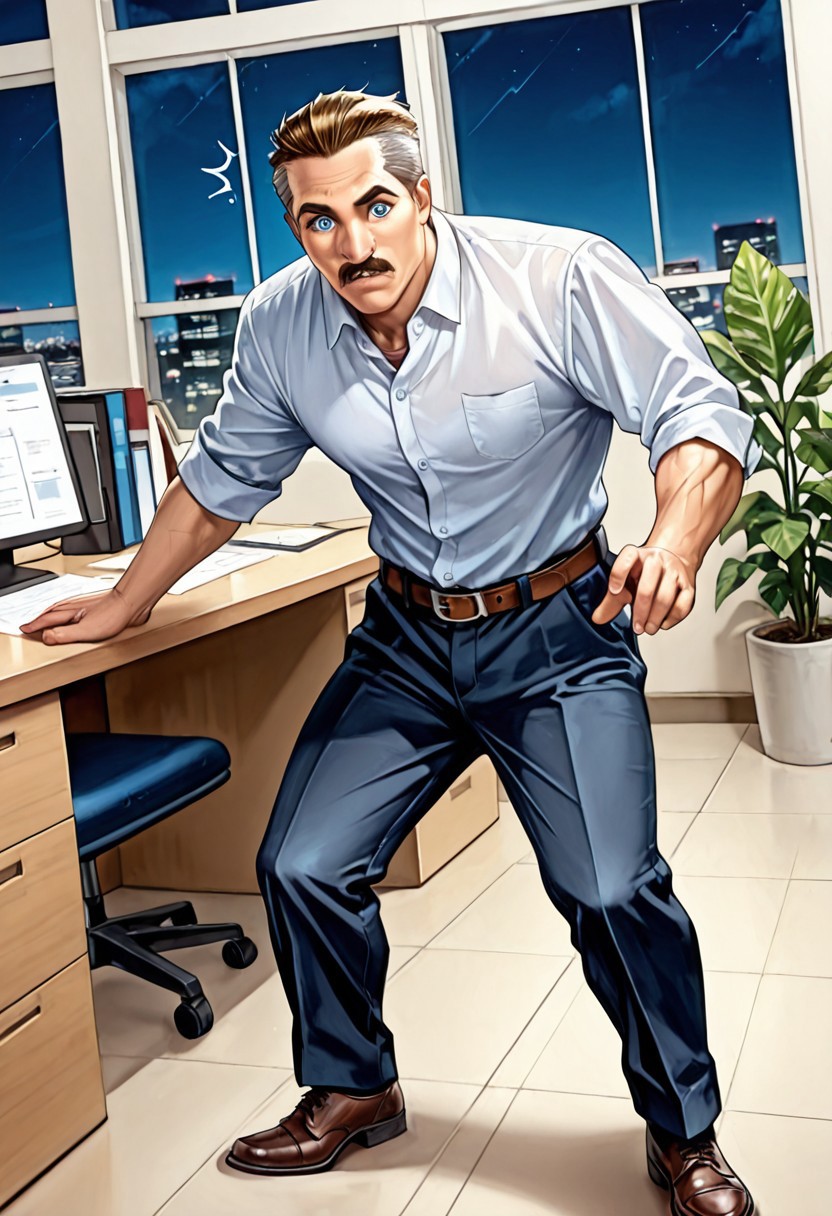 score_9, score_8_up, score_7_up, score_6_up, masterpiece, photorealistic, best quality, detailed eyes, detailed face, face_focus, (solo, full body in frame, J. Jonah Jameson transformation into Arachne, mid transformation, standing, dynamic pose), (office, desks, window, nighttime, dress shirt, plants, belt, Blue eyes, brown hair, gray hair on sides, mustache,), muscular male, realistic,(wide open eyes, confusion, surprise),