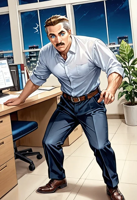 score_9, score_8_up, score_7_up, score_6_up, masterpiece, photorealistic, best quality, detailed eyes, detailed face, face_focus, (solo, full body in frame, J. Jonah Jameson transformation into Arachne, mid transformation, standing, dynamic pose), (office, desks, window, nighttime, dress shirt, plants, belt, Blue eyes, brown hair, gray hair on sides, mustache,), muscular male, realistic,(wide open eyes, confusion, surprise),