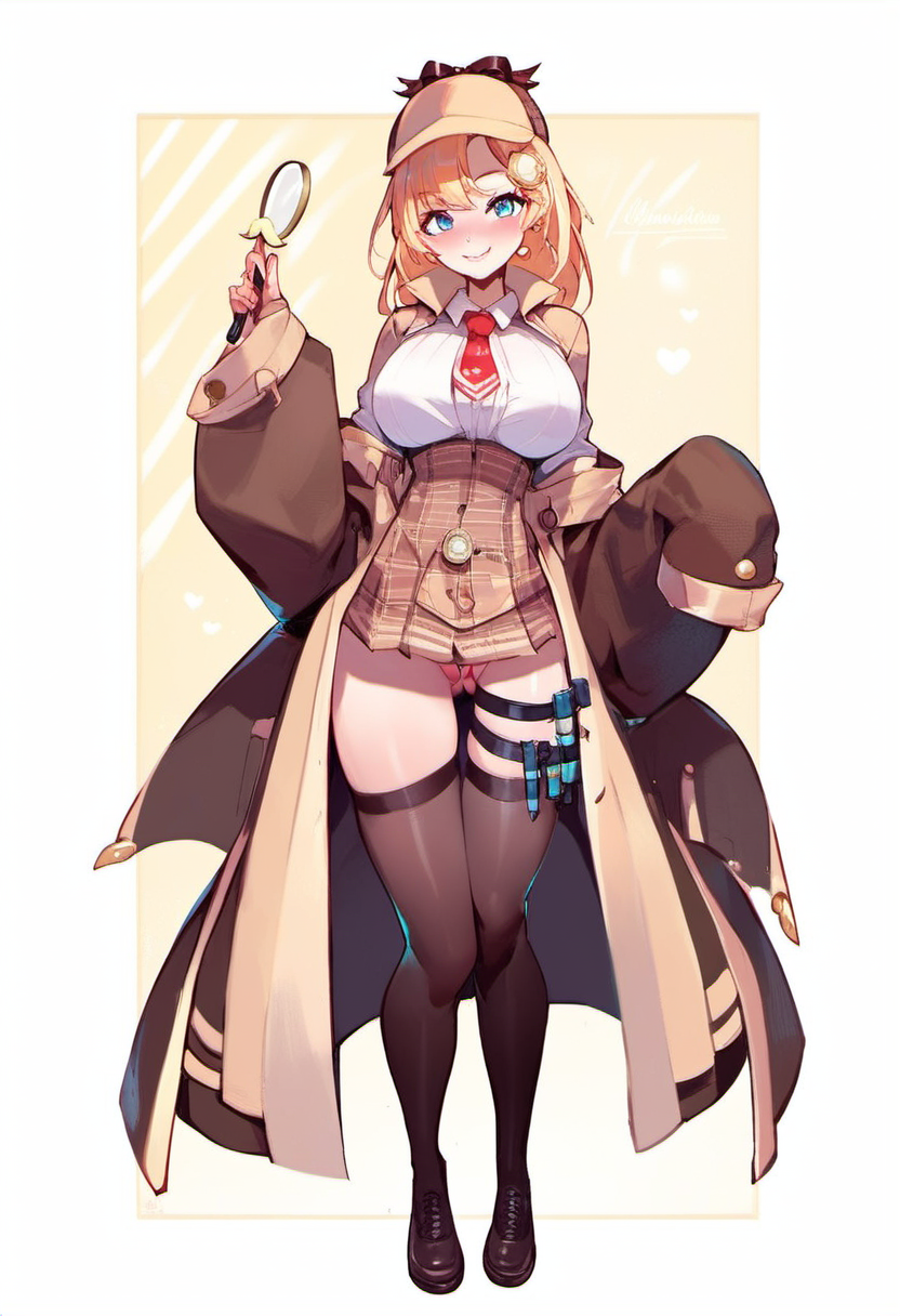 zPDXL, zPDXLxxx, score_9, score_8_up, score_7_up, score_6_up, score_5_up, score_4_up, BREAK source_anime, <lora:Amelia_Watson_PonyXL:1>, ame_firstoutfit, 1girl, solo, smile, hat, large breasts, full body, looking at viewer, standing, medium hair, detective, brown coat, blush, sleeves past wrists, magnifying glass, zettai ryouiki