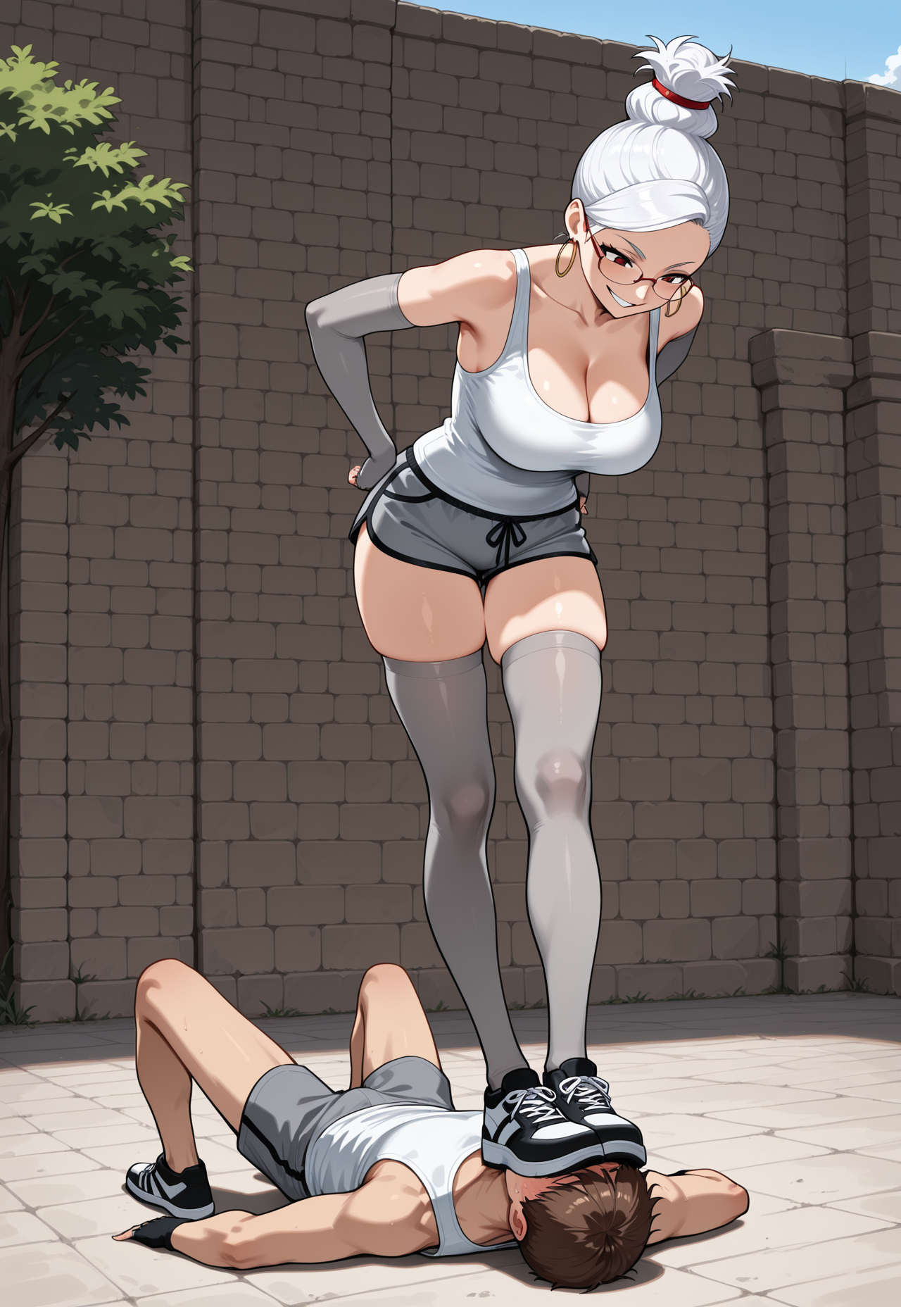 FaceTrampleF, standing_on_face, feet_on_face, face_trampling, dominant_pose, submissive_position, face_under_feet, man_lying_down, both_feet_on_face, hetero, femdom, looking at another, looking down, sadistic smile, outside, trampling_pose, top-down at angle, face stomping, dynamic shot,

1girl, seiko_wz, white hair, hair up, red ornament, large breasts, glasses, hair bun, single hair bun, hoop earrings, dolphin shorts, grey shorts, short shorts, grey elbow gloves, fingerless gloves, grey thighhighs, white tank top, cleavage, (haramaki), mature female, sneakers, skindentation, 

1boy, Peter Parker, casual outfit, face_smothering,

absurdres, newest, masterpiece, best quality, very aesthetic, MythAn1m3, 