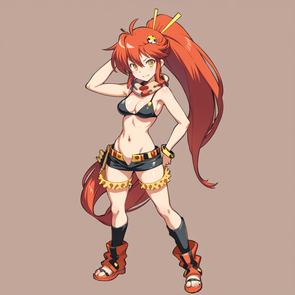 <lora:SlimesYoko-000004:1>, Yoko_Littner, yellow eyes, skull hairpiece, full body, desert background