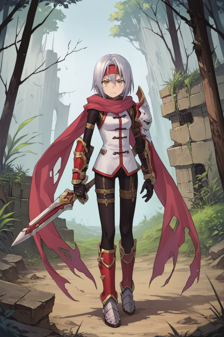 score_9, score_8_up, score_7_up, score_6_up, source_anime, BREAK, <lora:Zilva:0.6> , zildef, 1girl, short hair, grey hair, yellow eyes, red headband, (mask over one eye), (mask), scarf, pink scarf, white sweater vest, white shirt, bodysuit, black bodysuit, bodysuit under clothes, (single gauntlet), black gloves, sheathed, (asymmetrical footwear), (single leg warmer), red leg warmer, (leg warmer), armored shoes, looking at viewer, angry, closed mouth, full body, <lora:detailed_backgrounds_v2:0.6> , masterpiece, best quality, very aesthetic, absurdres, forest, ruins, outdoors, nature, blue sky,   <lora:Concept Art Eclipse Style LoRA_Pony XL v6:0.4> , concept art, realistic,