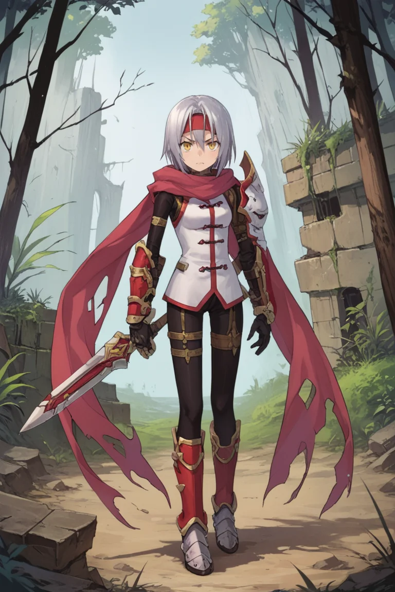score_9, score_8_up, score_7_up, score_6_up, source_anime, BREAK, <lora:Zilva:0.6> , zildef, 1girl, short hair, grey hair, yellow eyes, red headband, (mask over one eye), (mask), scarf, pink scarf, white sweater vest, white shirt, bodysuit, black bodysuit, bodysuit under clothes, (single gauntlet), black gloves, sheathed, (asymmetrical footwear), (single leg warmer), red leg warmer, (leg warmer), armored shoes, looking at viewer, angry, closed mouth, full body, <lora:detailed_backgrounds_v2:0.6> , masterpiece, best quality, very aesthetic, absurdres, forest, ruins, outdoors, nature, blue sky, <lora:Concept Art Eclipse Style LoRA_Pony XL v6:0.4> , concept art, realistic,