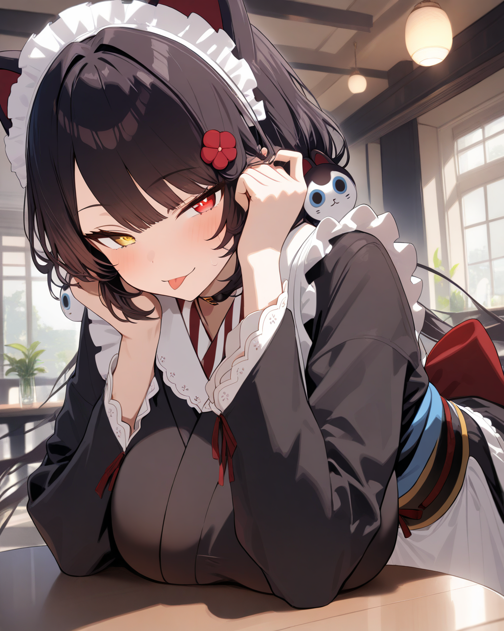 1girl, InuiTokoNijisanji, 
sensitive, solo, breast focus,
leaning forward,
naughty face, tongue,
looking at viewer,
adjusting hair,
maid headdress,
low twintails, hair ornament,
hair flower,
black kimono, huge breasts,
long sleeves, maid apron,
obi, red bow,
sitting,
indoors, caffe, table,
<lora:kp_InuiTokoNijisanjiAnimagineXL_v1_1:1.0>,
masterpiece, high score, great score, absurdres