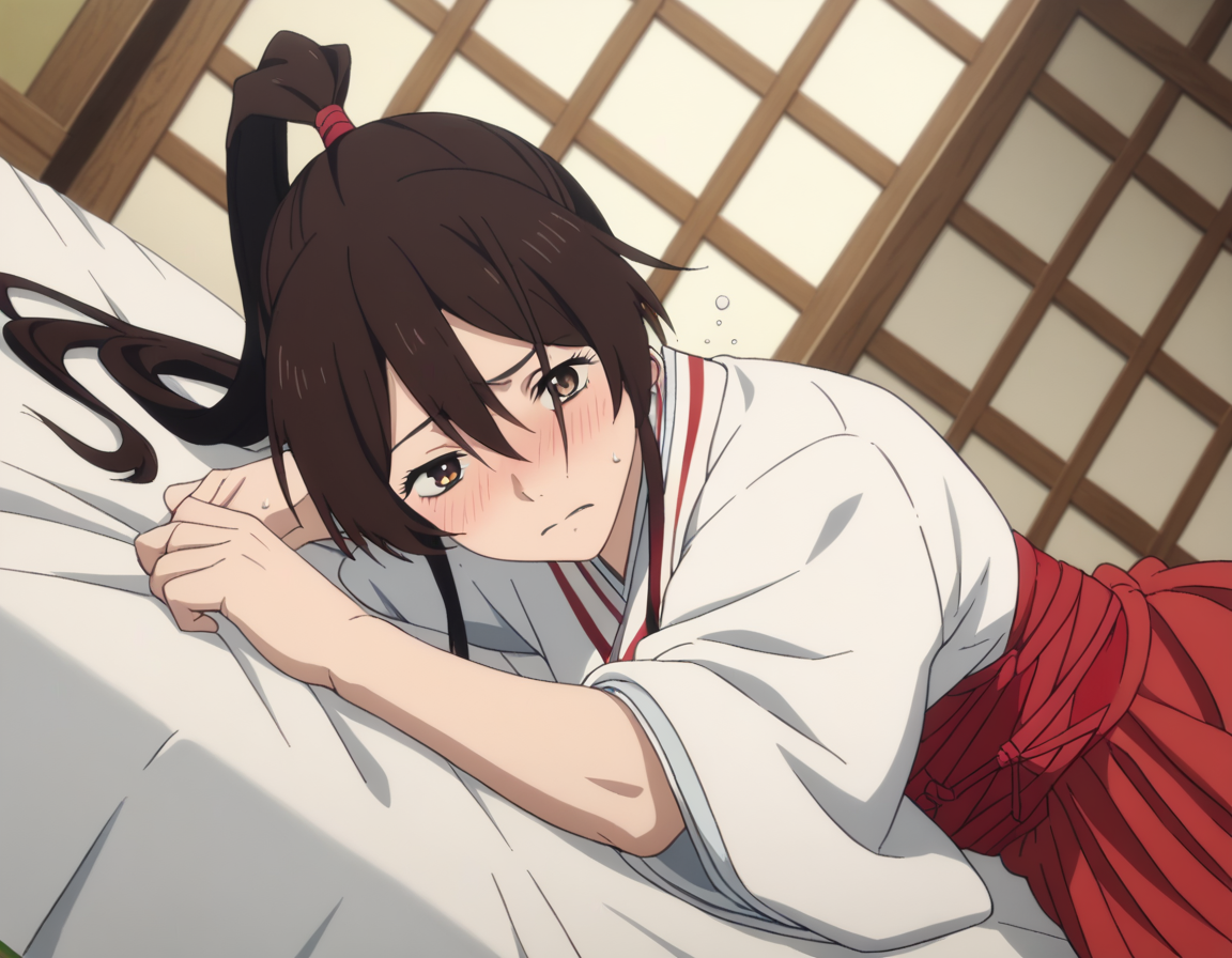 score_9, score_8_up, score_7_up, source_anime,
sagiriyamadaasaemon, <lora:sagiri-yamada-asaemon-s1-ponyxl-lora-nochekaiser:1>,
sagiri yamada asaemon, long hair, black hair, ponytail, high ponytail, brown eyes,
japanese clothes, kimono, hakama,
indoors, bed, bed room, on side, blush, drunk,
solo, dutch angle, looking at viewer, cowboy shot,