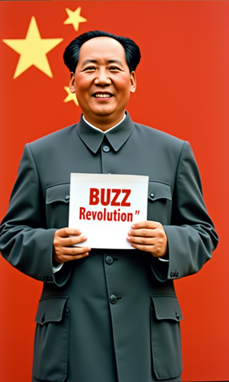 a real photo of the (Chairman Mao/Mao, Mao suit, looking at the viewer, smile), standing in front of a red background with a large, holding a (document/the document clearly states the words' BUZZ Revolution '),
