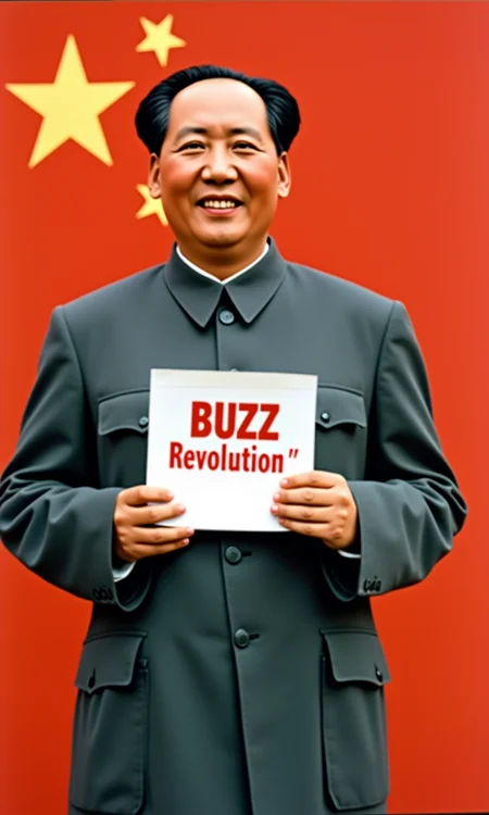 a real photo of the (Chairman Mao/Mao, Mao suit, looking at the viewer, smile), standing in front of a red background with a large, holding a (document/the document clearly states the words' BUZZ Revolution '),